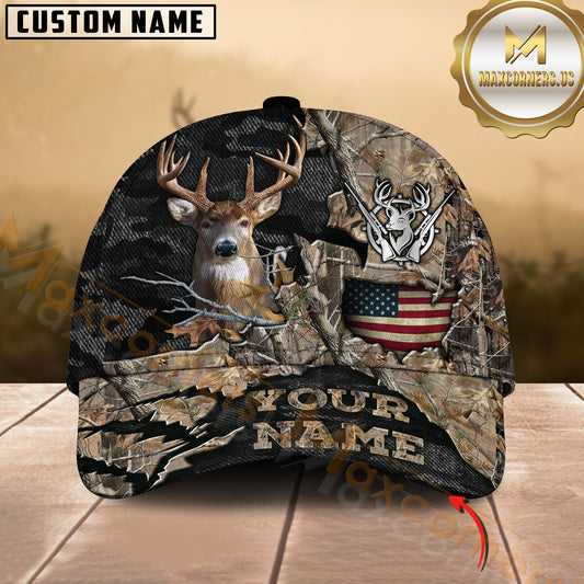 Maxcorners Deer Hunting American Flag Camo Multicolor Options Personalized Name 3D Cap