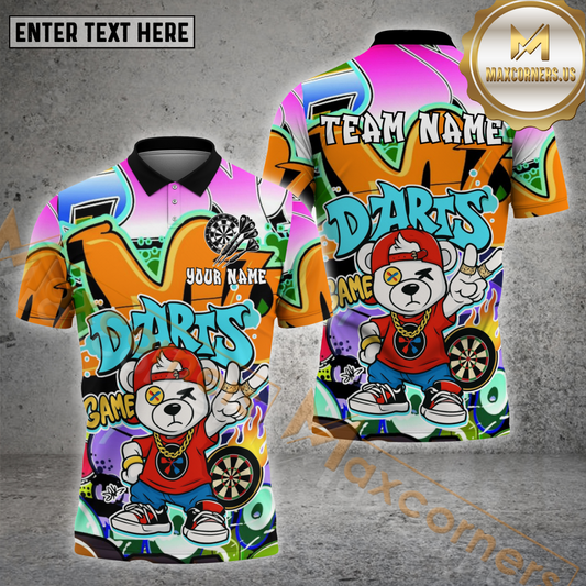 Maxcorners Darts Shirt – Urban Graffiti Cool Bear Style, Multicolor Options Personalized Name, Team Name 3D Shirt (4 Colors)