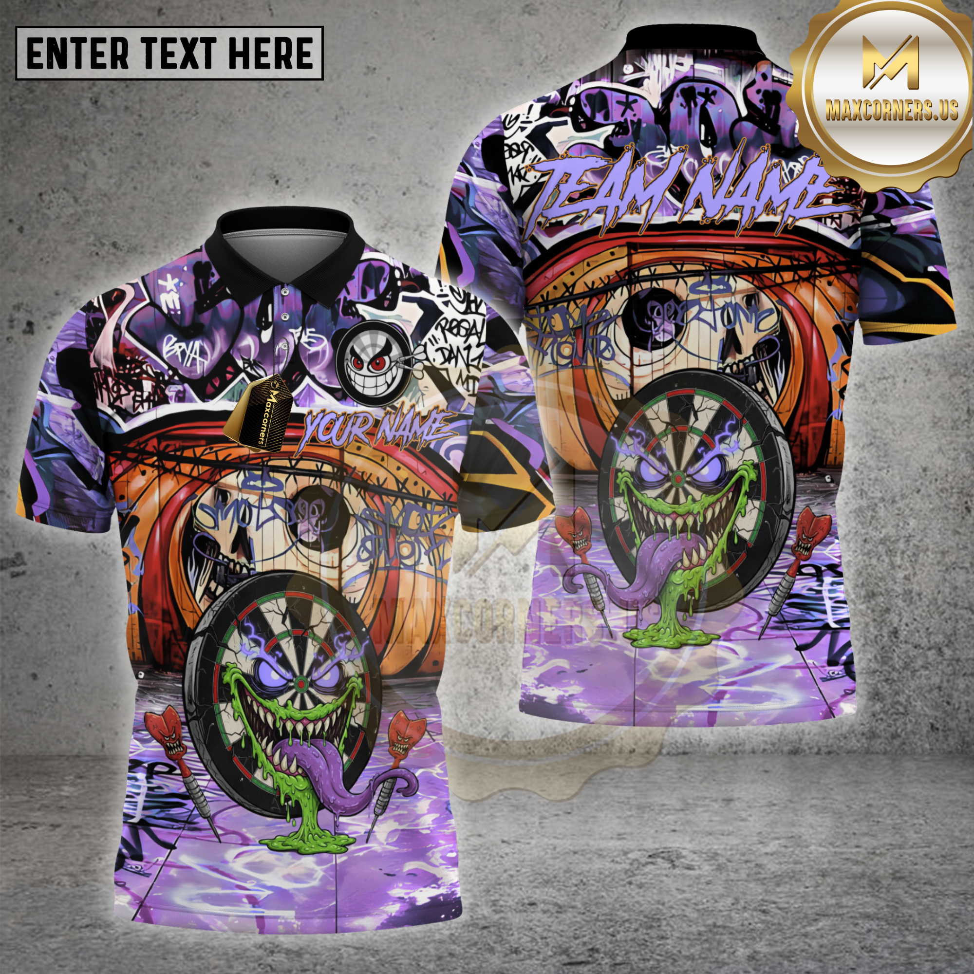 Wild graffiti-style darts shirt featuring a manic dartboard face with a long green tongue and angry dart characters.