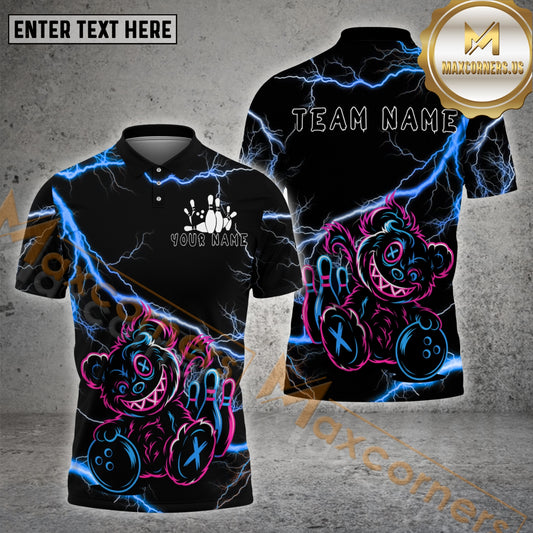 Maxcorners Bowling Teddy Bear Cosmic Cute Multicolor Options Personalized Name, Team Name 3D Shirt (4 Colors)