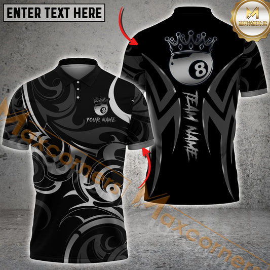 Maxcorners Billiards Shirt Gold 8 Ball Crown Tribal Swirl Design Multicolor Options Personalized Name, Team Name 3D Shirt (4 Colors)