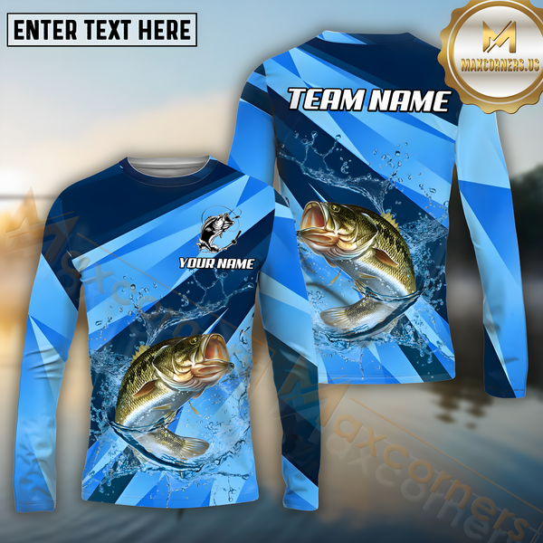 Maxcorners Bass Fishing Blue Ocean Basic Pattern Pattern Sport Jersey Personalized Name, Team Name Long Sleeve Shirt