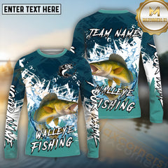 Maxcorners Walleye Fishing Wild Water Splash Pattern Pattern Sport Jersey Personalized Name, Team Name Long Sleeve Shirt