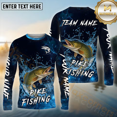 Maxcorners Pike Fishing Blue Splash Water Effect Pattern Sport Jersey Personalized Name, Team Name Long Sleeve Shirt