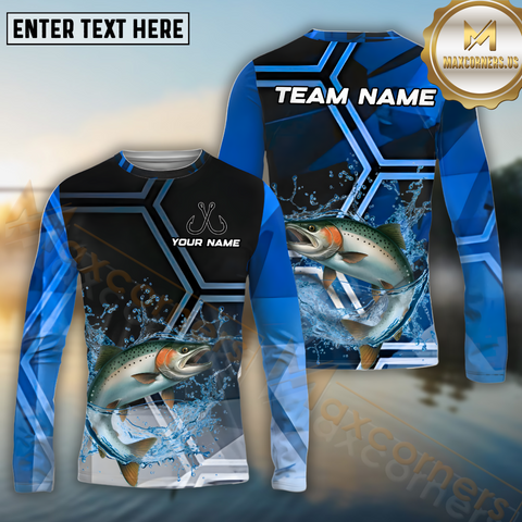 Maxcorners Salmon Fishing Blue Ocean Pattern Pattern Sport Jersey Personalized Name, Team Name Long Sleeve Shirt