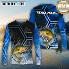 Maxcorners Walleye Fishing Blue Ocean Pattern Pattern Sport Jersey Personalized Name, Team Name Long Sleeve Shirt