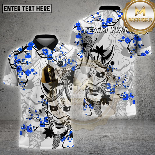 Maxcorners Bowling Shirt Japanese Oni Mask Cherry Blossom Design Multicolor Options Personalized Name, Team Name 3D Shirt (4 Colors)