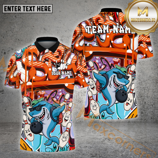 Maxcorners Graffiti Bowling Shirt Hip Hop Shark with Sunglasses Multicolor Options Personalized Name, Team Name 3D Shirt (4 Colors)
