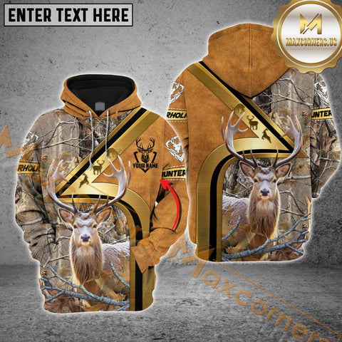 Maxcorners Elk Hunting Hoodie Leather Strap Camo Golden Line  Multioptions Custom Name Shirt 3D All Over Printed Clothes