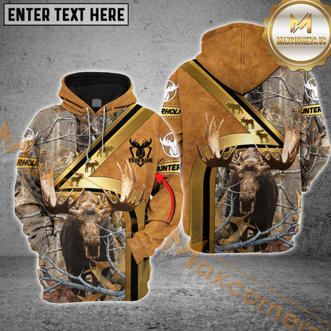Maxcorners Moose Hunting Hoodie Leather Strap Camo Golden Line  Multioptions Custom Name Shirt 3D All Over Printed Clothes