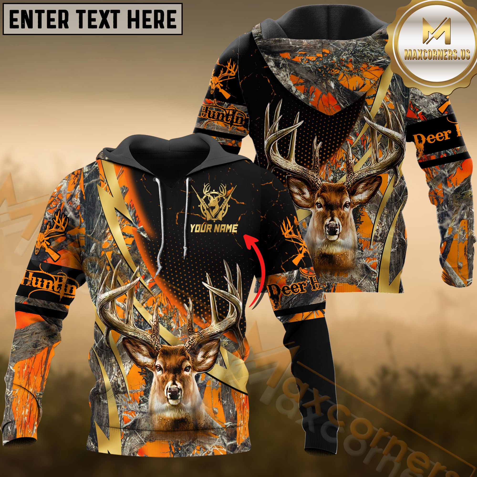 Maxcorners Deer Hunting Hoodie Orange Camo Bold Antlers