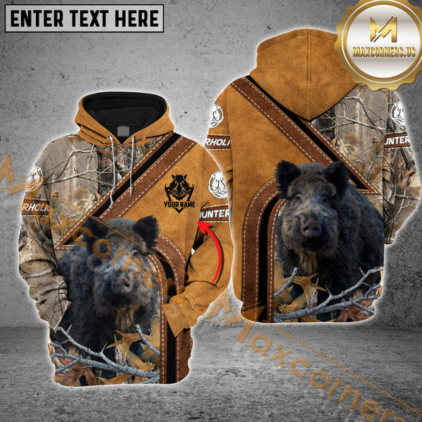 Maxcorners Boar Hunting Hoodie Leather Strap Camo Multioptions Custom Name Shirt 3D All Over Printed Clothes