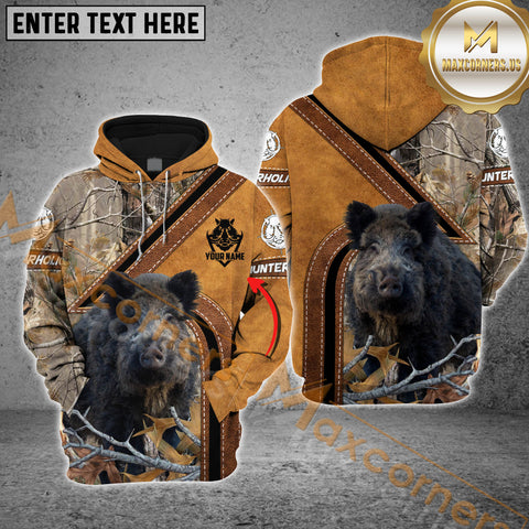 Maxcorners Boar Hunting Hoodie Leather Strap Camo Multioptions Custom Name Shirt 3D All Over Printed Clothes