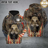 Maxcorners Boar Hunting Antler Grass Brown Camo Forest USA Flag Pattern Custom Name Shirt 3D All Over Printed Clothes