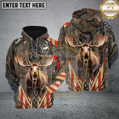 Maxcorners Moose Hunting Antler Grass Brown Camo Forest USA Flag Pattern Custom Name Shirt 3D All Over Printed Clothes