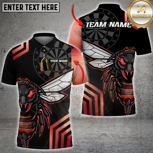 Bold darts shirt design with an aggressive hornet character and dartboard background in yellow and black tones.