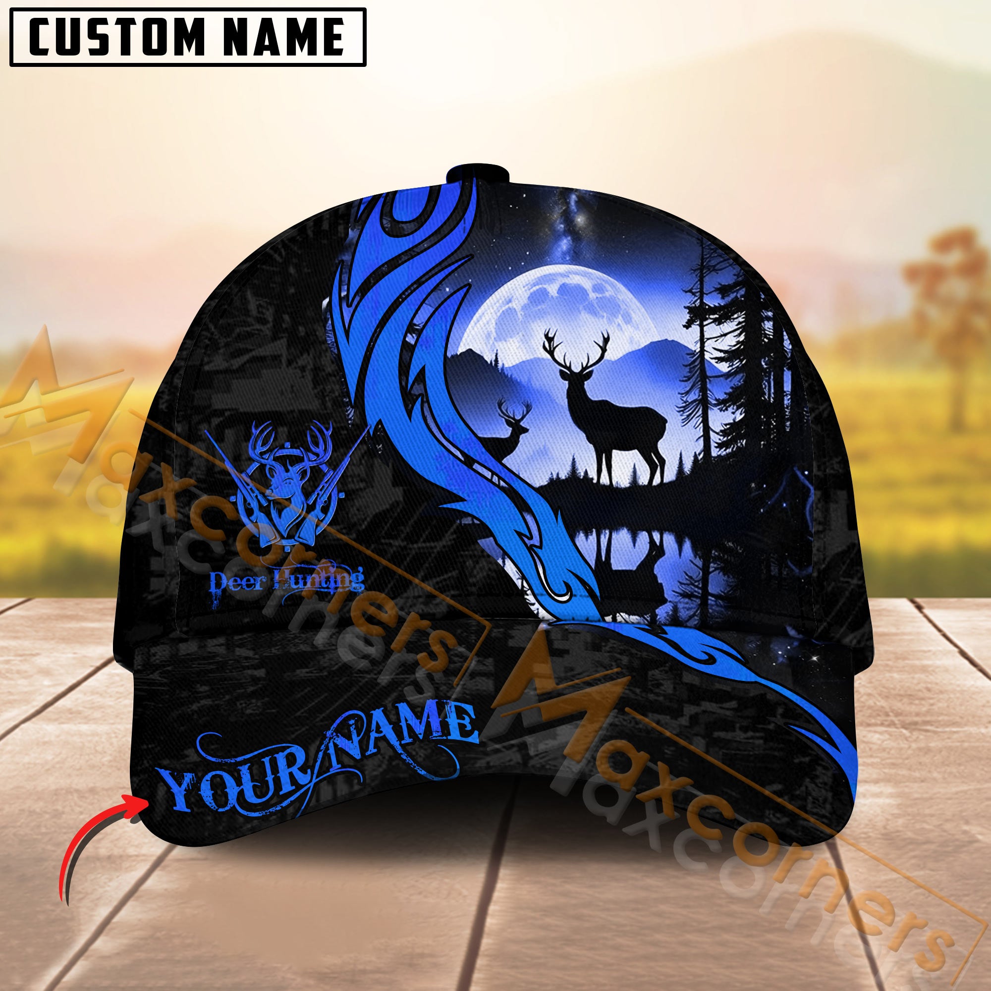 Sunset Deer Silhouette Hunting Hat Personalized Name – Blue Moon Forest Camo Cap for Hunters