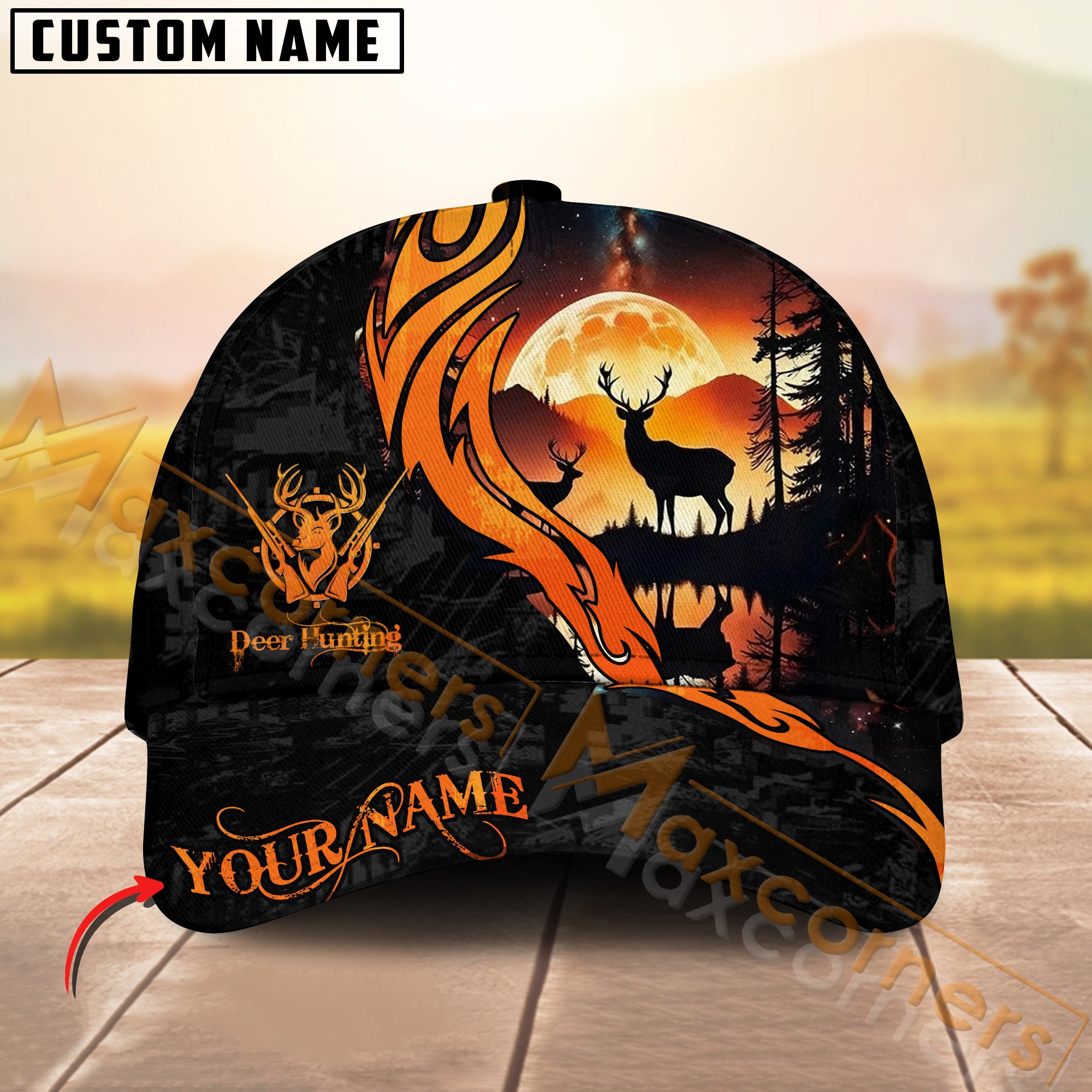 Sunset Deer Silhouette Hunting Hat Personalized Name – Orange Moon Forest Camo Cap for Hunters