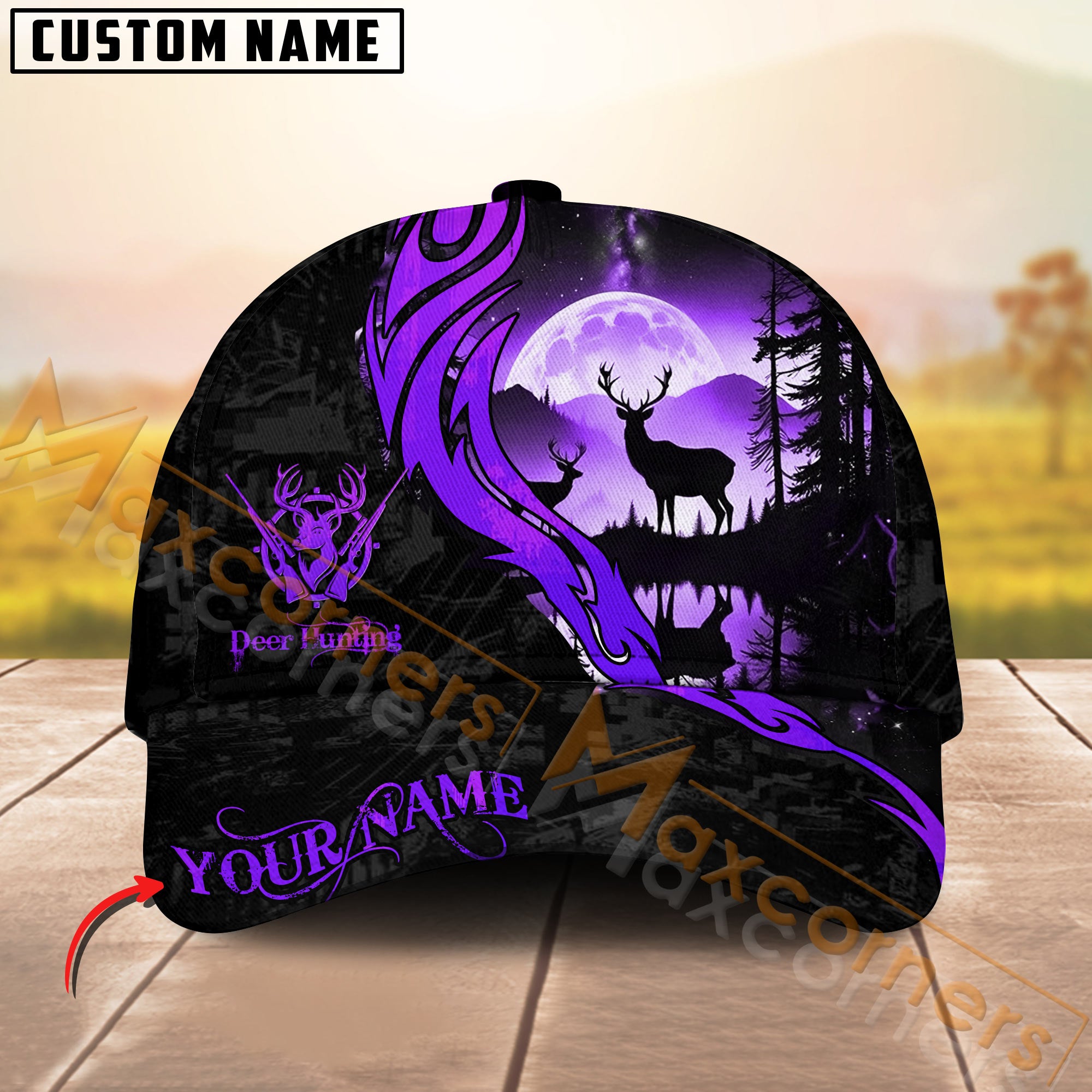 Sunset Deer Silhouette Hunting Hat Personalized Name – Purple Moon Forest Camo Cap for Hunters