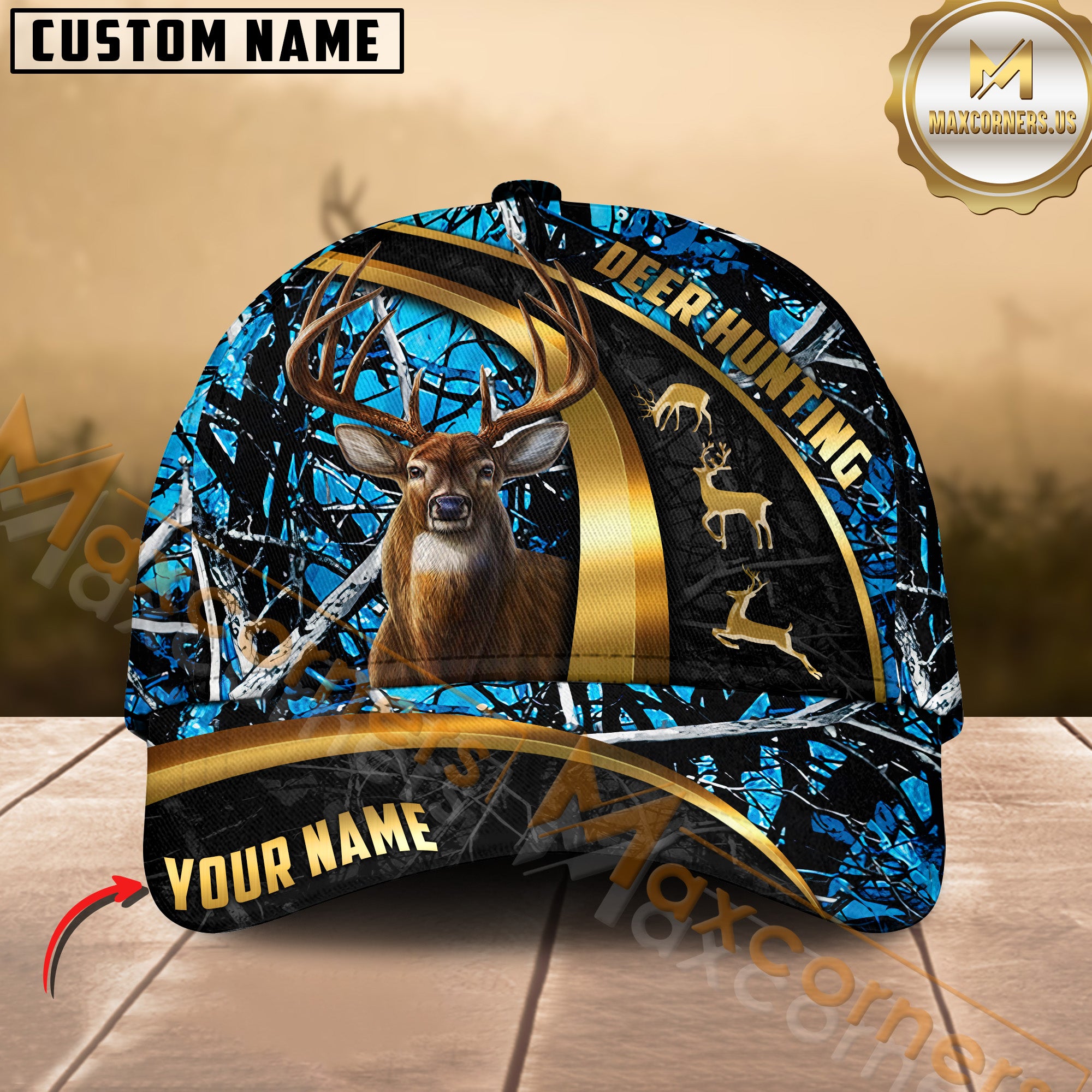Custom Deer Hunting Hat Blue Camo with Buck and Antlers Graphic – Personalized Name Outdoor Hunter Cap