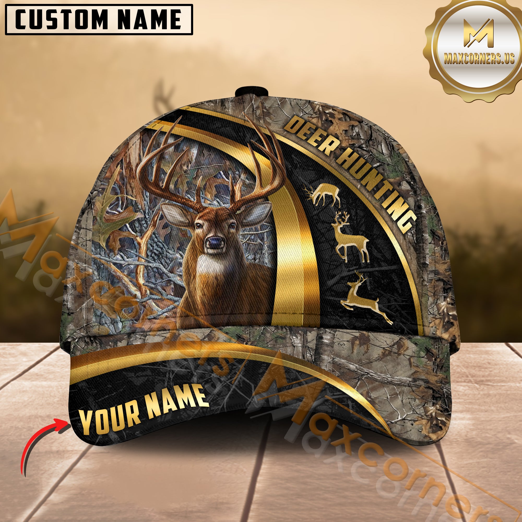 Custom Deer Hunting Hat Brown Camo with Buck and Antlers Graphic – Personalized Name Outdoor Hunter Cap