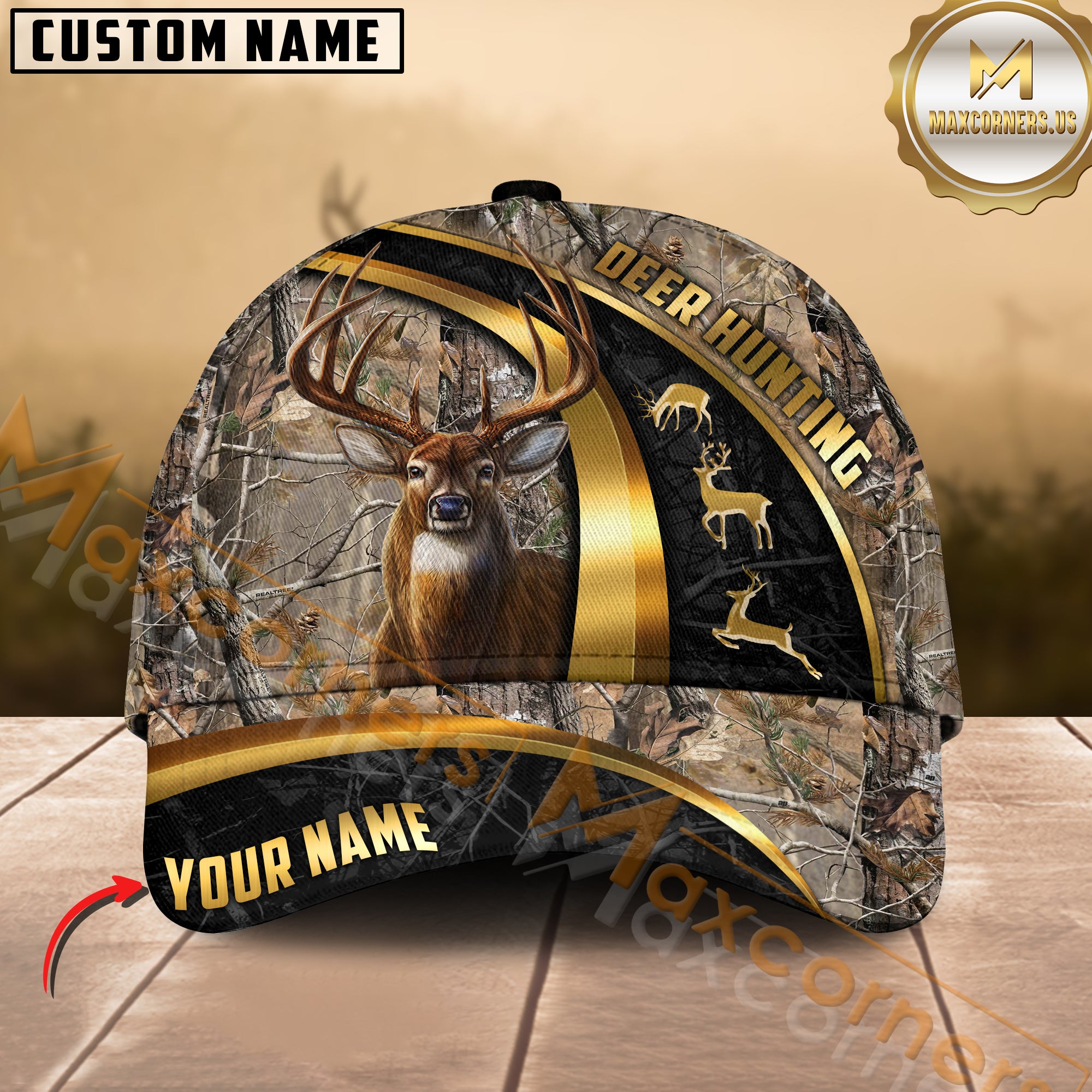 Custom Deer Hunting Hat Grass Brown Camo with Buck and Antlers Graphic – Personalized Name Outdoor Hunter Cap