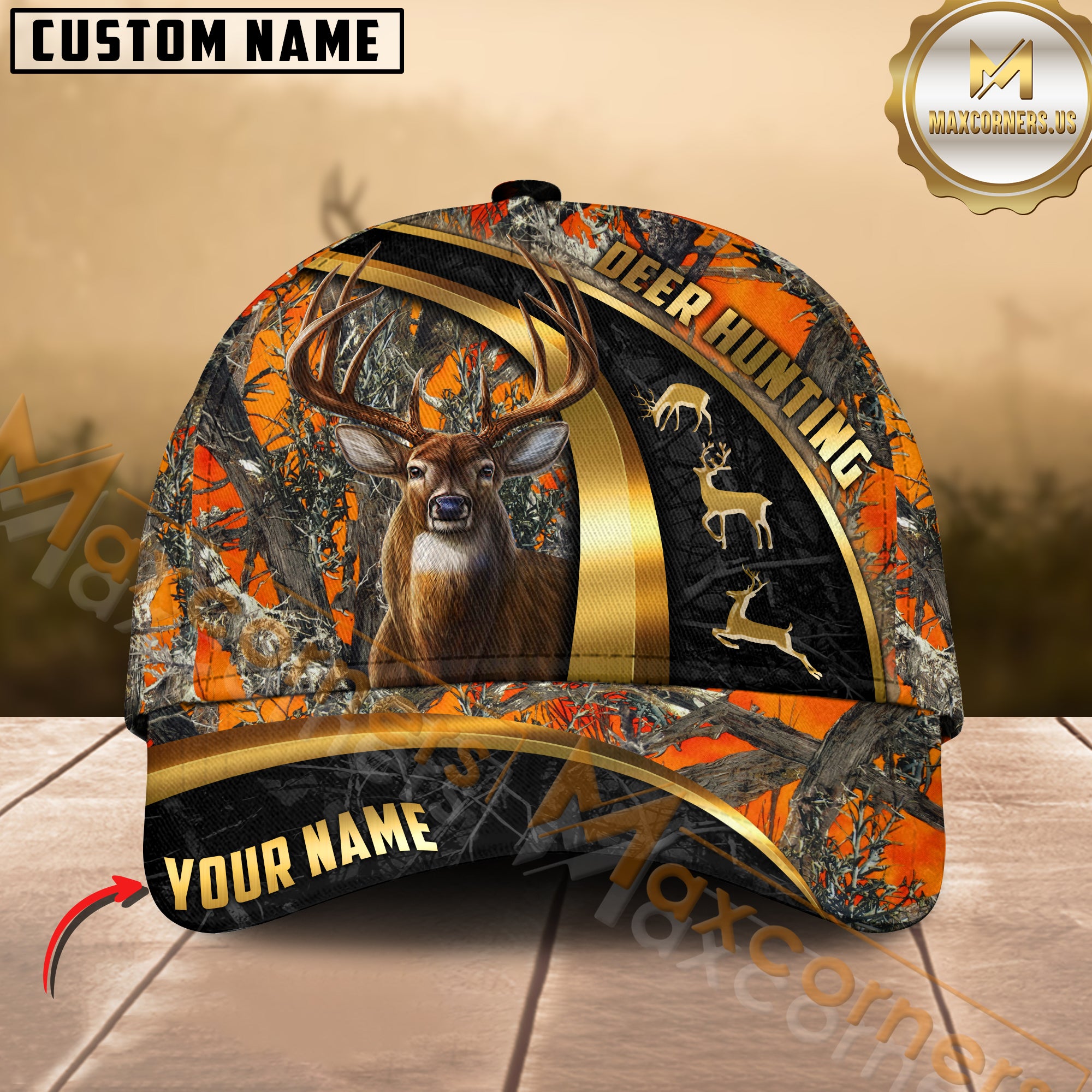 Custom Deer Hunting Hat Orange Camo with Buck and Antlers Graphic – Personalized Name Outdoor Hunter Cap
