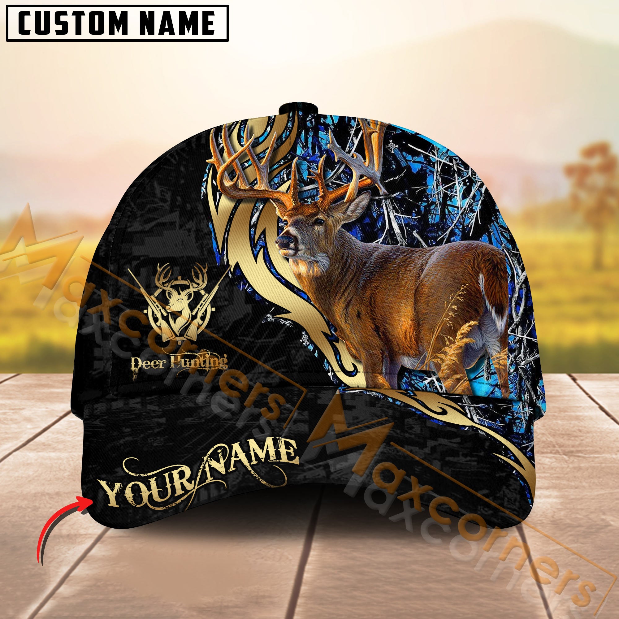 Realistic Buck Deer Hunting Hat Custom Name – Blue Camo Hunter Cap for Outdoor Men
