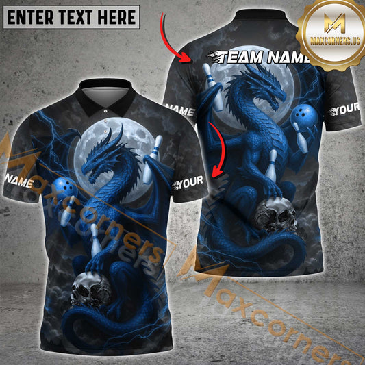 Maxcorners Bowling Shirt Moonlight Blue Dragon Skull Style Multicolor Options Personalized Name, Team Name 3D Shirt (4 Colors)