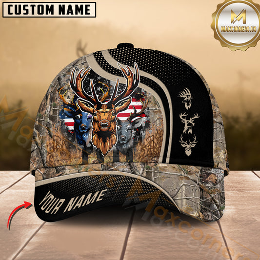 Maxcorners Deer Hunting Forest Camo American Flag Multicolor Options Personalized Name 3D Cap