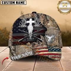 Maxcorners Moose Hunting Hat – Cross Antler Skull & Rifles USA Flag Design, Multicolor Options Personalized Name Custom Cap
