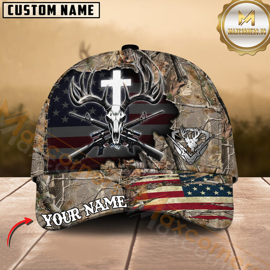 Maxcorners Deer Hunting Hat – Cross Antler Skull & Rifles USA Flag Design, Multicolor Options Personalized Name Custom Cap