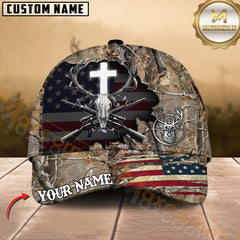 Maxcorners Elk Hunting Hat – Cross Antler Skull & Rifles USA Flag Design, Multicolor Options Personalized Name Custom Cap