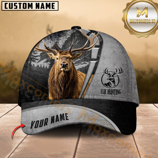 Maxcorners Hunting Grey Leather Camo Design Personalized Name 3D Cap (Deer/Moose/Elk/Turkey/Boar/Duck)