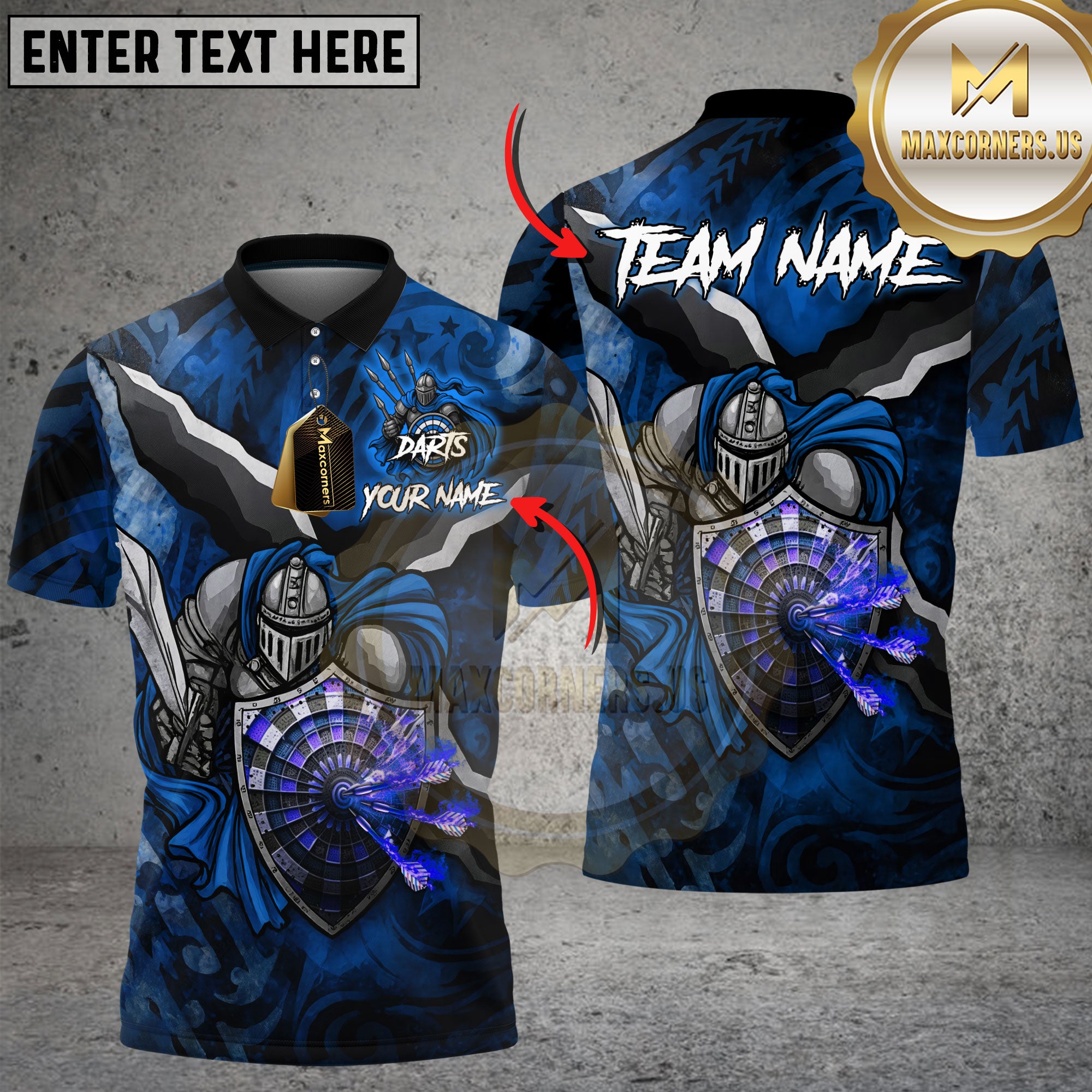 Medieval knight-themed darts shirt with flaming darts striking a shield-shaped dartboard. Fiery red and black design.