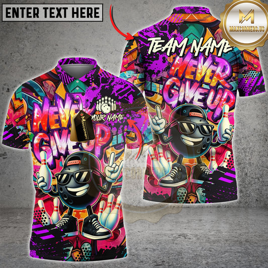 Cartoon graffiti bowling shirt with motivational never give up theme – personalized name and team 3D shirt