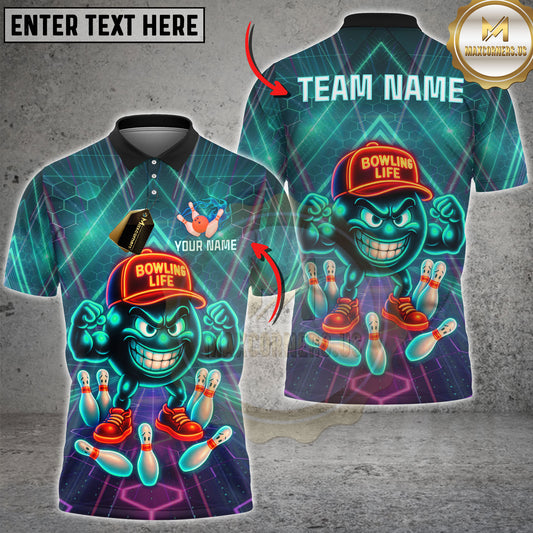 Maxcorners Neon Bowling Life Cartoon Ball With Pins Multicolor Options Personalized Name, Team Name 3D Shirt (4 Colors)