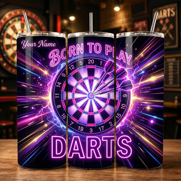 Maxcorners Darts Neon Funny Quote Born To Play Darts Personalized Name 3D Cup
