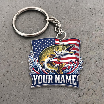Maxcorners Pike Fishing American Flag Splash Personalized Name 3D Keychain And Ornament