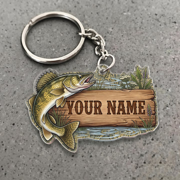 Maxcorners Walleye Fishing Lake Wooden Sign Personalized Name 3D Keychain And Ornament