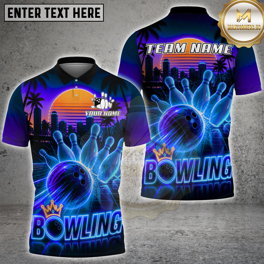 Maxcorners Retro Bowling Neon Sunset City Multicolor Options Personalized Name, Team Name 3D Shirt (4 Colors)