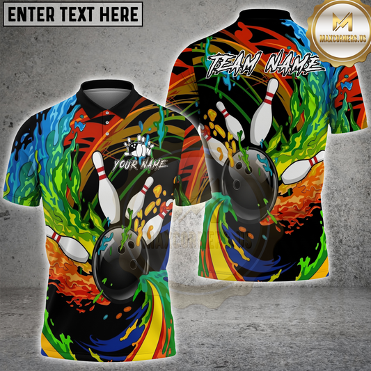 Maxcorners Rainbow Color Bowling Ball And Pins Personalized Name, Team Name 3D Shirt