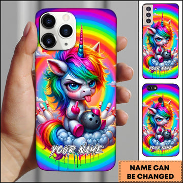 Maxcorners Angry Unicorn Bowling Rainbow Fantasy Cartoon Personalized Name 3D Phone Case