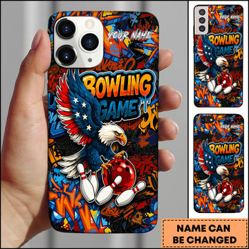 Maxcorners Bowling Graffiti Eagle USA Flag Bowling Ball & Pins Personalized Name 3D Phone Case