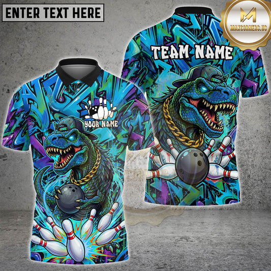 Maxcorners Bowling Dinosaur Graffiti Street Art Multicolor Options Personalized Name, Team Name 3D Shirt (4 Colors)