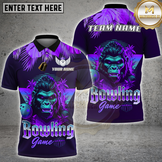 Maxcorners Bowling Synthwave Gorilla Retro Neon Multicolor Options Personalized Name, Team Name 3D Shirt (6 Colors)