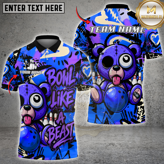 Maxcorners Bowling Graffiti Bear Multicolor Options Personalized Name, Team Name 3D Shirt (4 Colors)