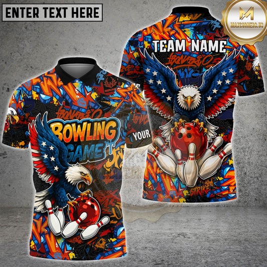 Maxcorners Bowling Graffiti Eagle USA Flag Bowling Ball & Pins Multicolor Options Personalized Name, Team Name 3D Shirt (4 Colors)