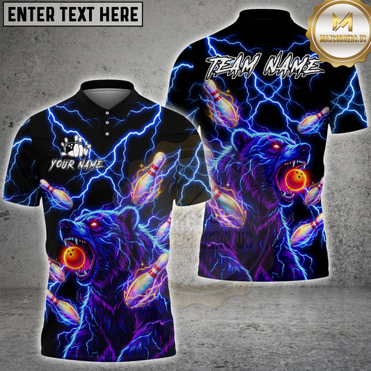 Maxcorners Bear Bowling Neon Power Multicolor Options Personalized Name, Team Name 3D Shirt (4 Colors)
