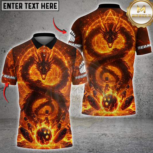 Maxcorners Bowling Dragon Flame Power Multicolor Options Personalized Name, Team Name 3D Shirt (4 Colors)